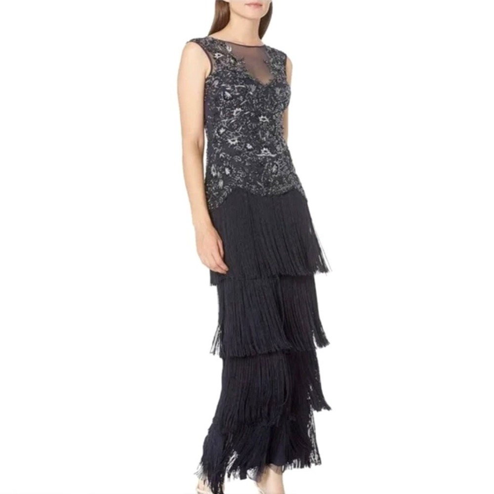 Aidan Mattox Navy Blue Beaded Fringe Gown Dress Size 2 Gatsby Formal